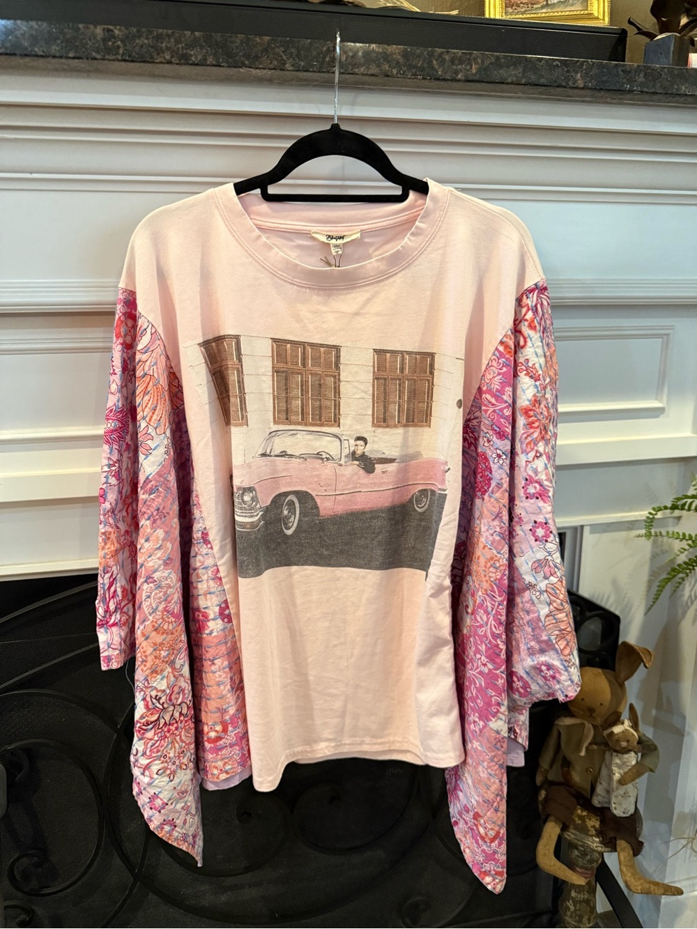 Boho Pink Graphic Tunic Top with Floral Dolman Sleeves